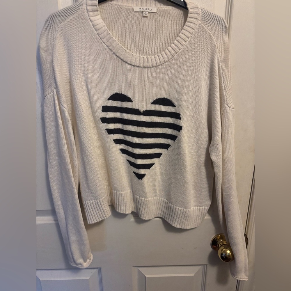 Z Supply Cream Crew Neck Sweater with Navy Heart